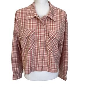 Sadie and Sage Crop Shacket Top Plaid Pockets Buttons Womens Medium M Pink Rose